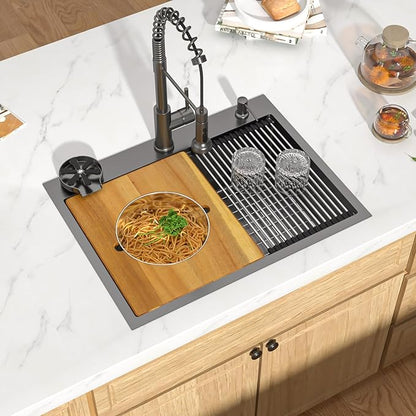 28 Inch Gunmetal Black Drop In Stainless Steel Kitchen Sink, Single Bowl 16 Gauge Workstation Large Sink with Mixing Bowl and Pasta Strainer #TLT-0059
