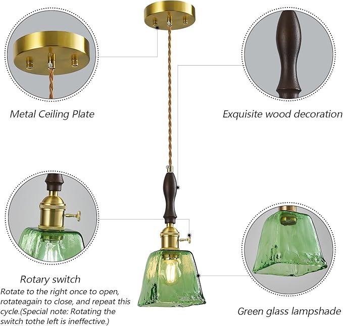 Green Glass Vintage Pendant Light Height Adjustable Handmade Glass Pendant Lights Kitchen Island Gold Hanging Light Fixture with Wood Handle for Bedroom Dining Room Hotel (1 Pack)