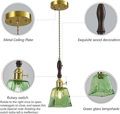 Green Glass Vintage Pendant Light Height Adjustable Handmade Glass Pendant Lights Kitchen Island Gold Hanging Light Fixture with Wood Handle for Bedroom Dining Room Hotel (3 Pack)