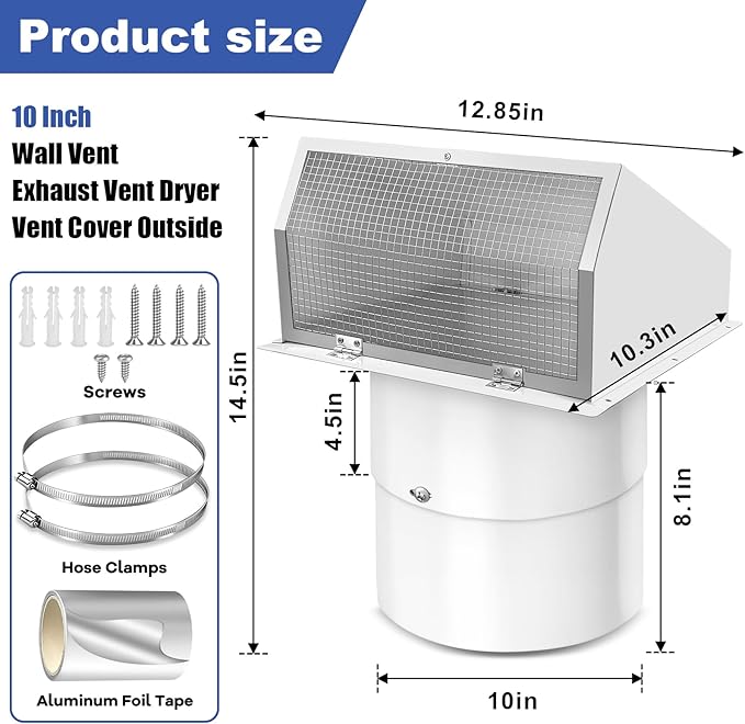 10 Inch Hooded Wall Vent with Screen and Damper, 10 Inch Range Hood Wall Vent Cap, Wall Exhaust Vent Cover, Outdoor Hooded Wall Vent for Dryer Vent, Outside Exterior Mount, Range Hood, Kitchen, White