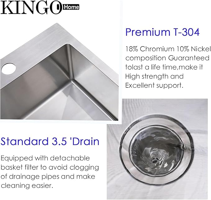 KINGO HOME Drop In Bar Sink,15 x 15 Inch Topmount RV 16 Gauge Stainless Steel Single Bowl Small Kitchen Sink,Outdoor Handmade Stainless Steel Wet Bar Perp Sink with Drain
