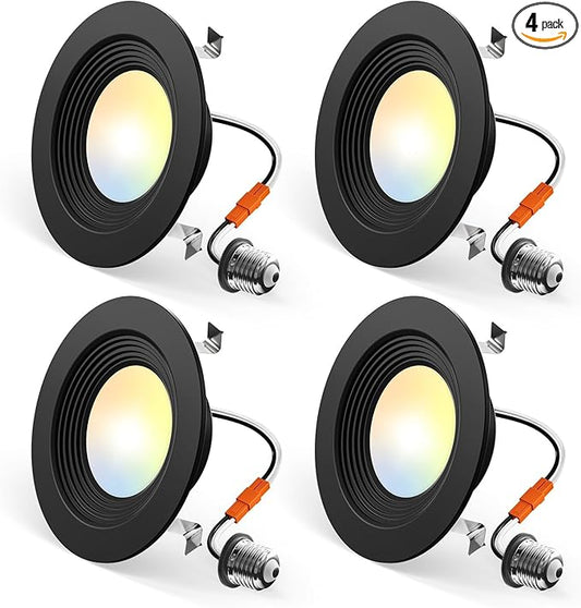 Amico 4 Pack 4 inch 5CCT LED Recessed Lighting, Dimmable, 8.5W=60W, 650LM, 2700K/3000K/4000K/5000K/6000K Selectable, Retrofit Can Lights with Baffle Trim, IC Rated - ETL & FCC, Black