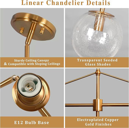 Gold Linear Chandelier 6 Lights Mid Century Modern Dining Room Chandelier Kitchen Island Pendant Light with Seeded Glass Shades for Island, Farmhouse, Dining Area, Dia 51.58 Inch
