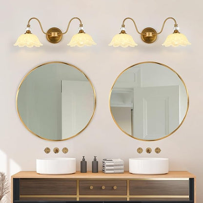 Vintage Bathroom Vanity Light, 2-Light Matte Brass Finish Vanity Light with Floral Yellow Glass Shades, Retro Wall Sconce for Bathroom, Dressing Table