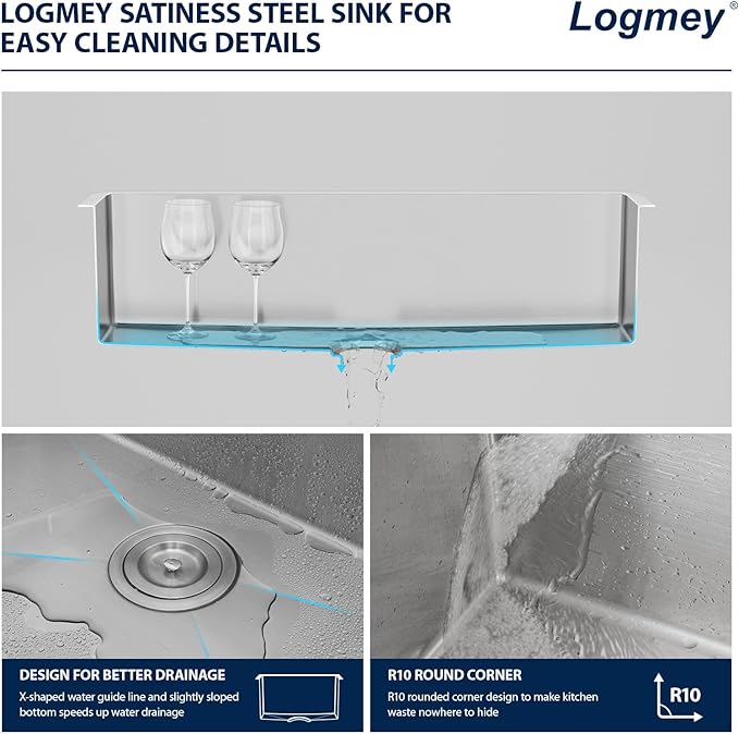 Logmey 32 Inch Undermount Kitchen Sink 32x18 Stainless Steel Undermount Sinks 16 Gauge Single Bowl Under Counter Handmade Sinks 32x18x9