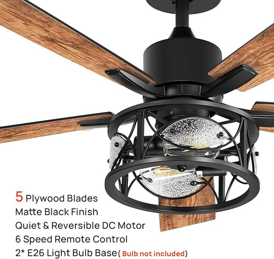 Consciot Ceiling Fan With Lights, 52'' Farmhouse Indoor Ceiling Fan With Remote, Quiet Reversible DC Motor, 5 Double Finish Wood Blades, Easy Install, Dimmable 2*E26 Bulbs(not included), Light Brown
