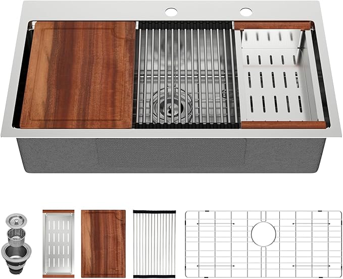 33x19 Drop in Kitchen Sink Workstation- MERYIAO 33 Inch Drop In Kitchen Sinks Handmade T304 16 Gauge Stainless Steel Single Topmount Bowl 9" Deep Basin