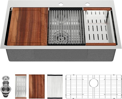 33x19 Drop in Kitchen Sink Workstation- MERYIAO 33 Inch Drop In Kitchen Sinks Handmade T304 16 Gauge Stainless Steel Single Topmount Bowl 9" Deep Basin