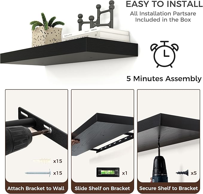 Venusmiles Floating Shelves for Wall, Engineered Wood Wall Shelves with Invisible Brackets for Living Room Bedroom Bathroom Office Kitchen Decor and Storage (Black, 24" W x 9" D x 1.5" H) Set of 2