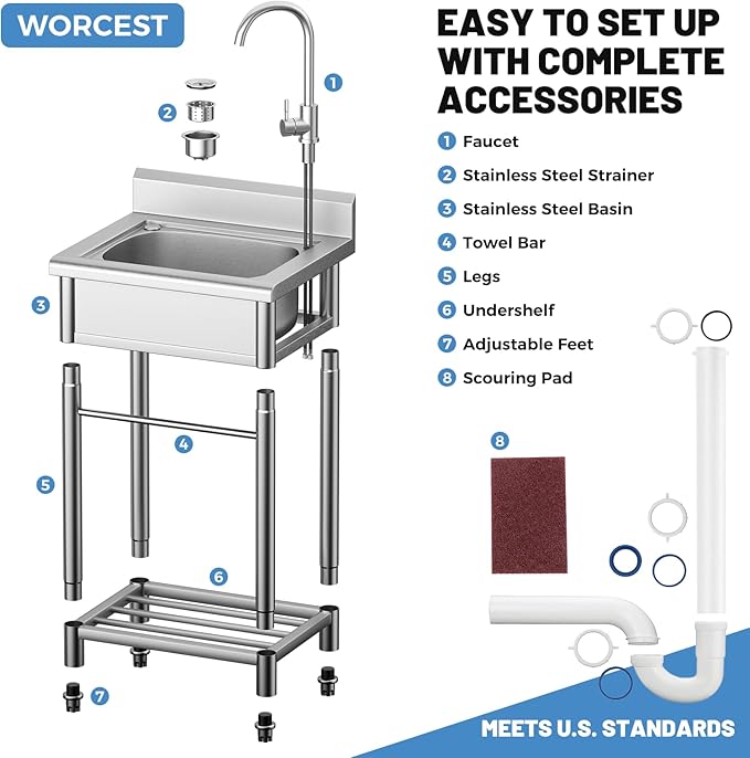 Utility Sink Free Standing Single Bowl Kitchen Sink with Cold and Hot Water Pipe Stainless Steel Sink for Garage Shop Laundry Room Farmhouse Mens Gifts Ourdoor Indoor