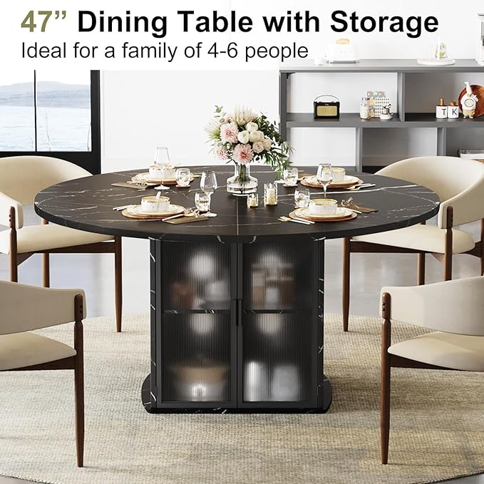 IBF Round Dining Table with Storage, Black Faux Marble Kitchen Tables for 4-6 People, 47" Modern Dining Room Tables with Fridge Space, Wood Circle Dinner Table for Home, Black Marble, Only Table