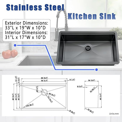 33x19 Inch Black Undermount Kitchen Sink with Faucet Combo - 33 inch Stainless Steel Single Bowl Kitchen Sinks 10 inch Deep Black Undermount Workstation Sink with Accessories