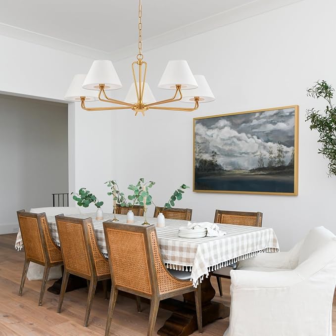 VILUXY Modern Gold Chandelier 5-Light Farmhouse Chandelier with White Fabric Shade 35’’ Large Dining Room Light Fixture Adjustable Pendant Lighting for Kitchen Island Living Room, UL Listed
