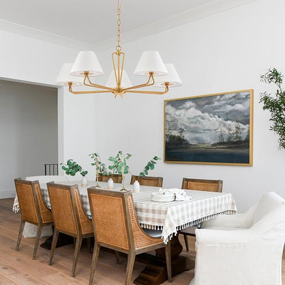 VILUXY Modern Gold Chandelier 5-Light Farmhouse Chandelier with White Fabric Shade 35’’ Large Dining Room Light Fixture Adjustable Pendant Lighting for Kitchen Island Living Room, UL Listed