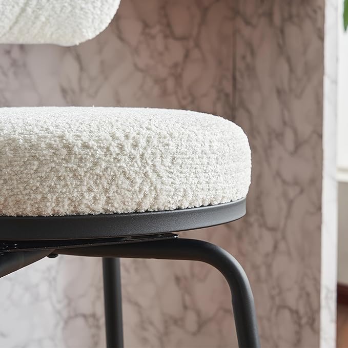 Modern Swivel Bar Stools Set of 2, Boucle Upholstered Counter Height Bar Chairs with Metal Legs Footrest, 360° Swivel Bar stools for Kitchen Island, Dining Room, White