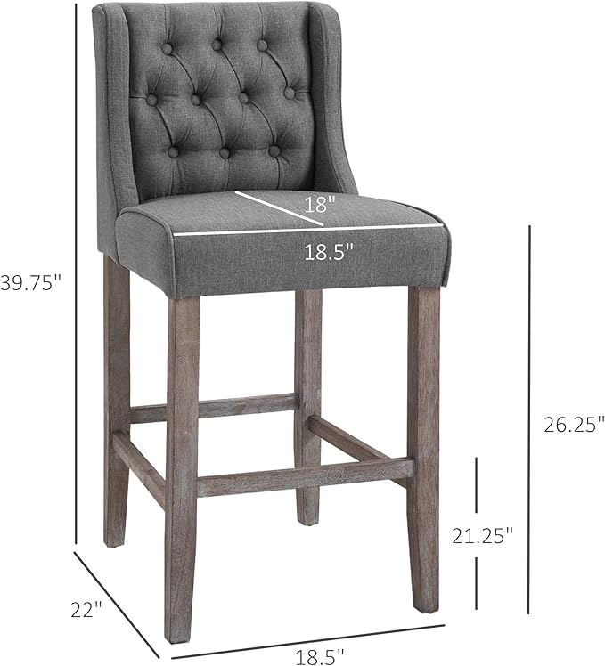 HOMCOM 26.25" Counter Height Bar Stools, Tufted Wingback Armless Upholstered Dining Chair with Rubber Wood Legs, Set of 2, Gray