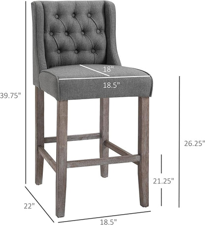 HOMCOM 26.25" Counter Height Bar Stools, Tufted Wingback Armless Upholstered Dining Chair with Rubber Wood Legs, Set of 2, Gray