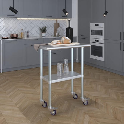 Stainless Steel Work Table with Wheels | NSF Kitchen Island Food Prep | Laundry Garage Utility Bench (Table + Wheels, 30" Long x 18" Deep)