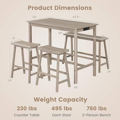 Giantex 4-Piece Counter Height Dining Table Set with Power Outlet, Solid Rubber Wood Kitchen Table with Saddle Backless Bench & 2 Stools, Space-Saving Bar Table Set for Breakfast Nook (Light Gray)