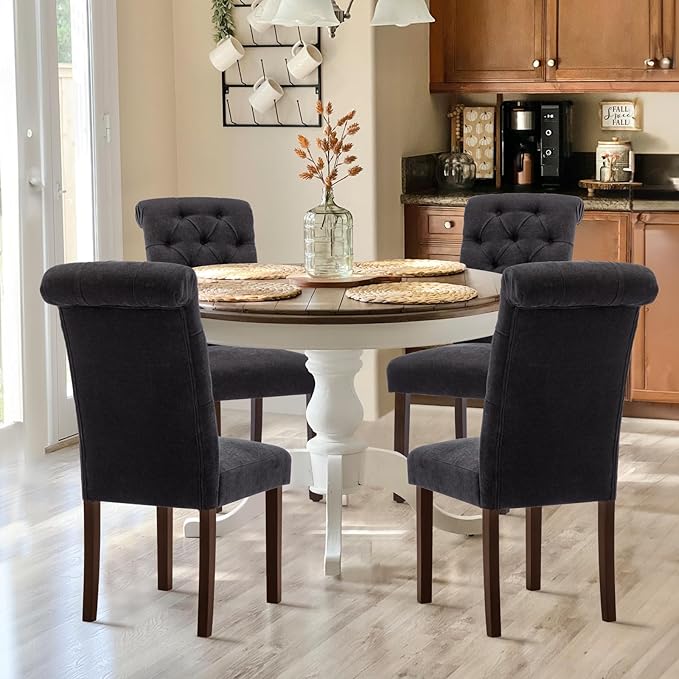 Tufted Dining Chairs Set of 4, Upholstered Parsons Dining Room Chairs, Fabric Kitchen Side Chair with Wood Legs, Black