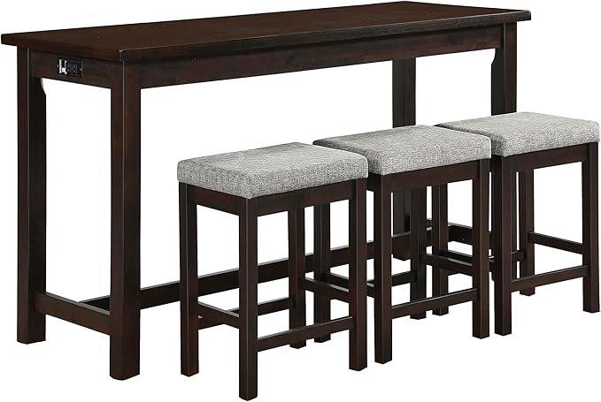 Lexicon Oreille Bar Table with Stools Set, Modern Console Table with Stools - 4-Piece Set with 2 USB Ports & A/C Power Outlets, Counter Height, Discrete Drawer, Perfect Dining Room & Kitchen Espresso