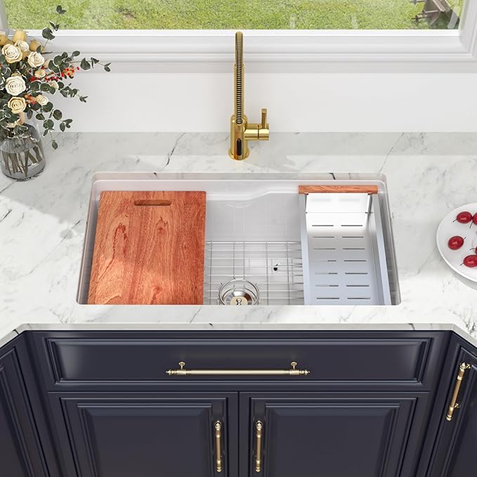 Kichae 32 Inch White Undermount Sink Workstation Ceramic Fireclay 32x19 Inch White Kitchen Sink Dual Drop in & Undermount Kitchen Sink Single Bowl Deep Porcelain Sink