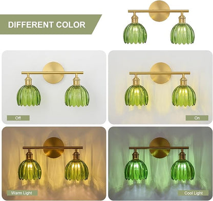 Gold Bathroom Light Fixtures Over Mirror, 2 Light Bathroom Vanity Light Fixture with Tulip Green Glass Lampshade, Vintage Vanity Lights for Bathroom, Bathroom Vanity Lights Over Mirror