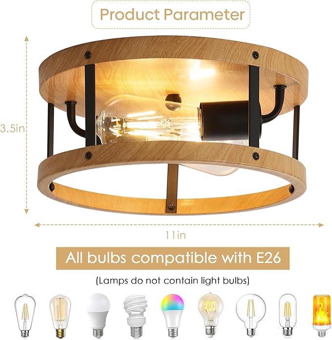 2-Pack Wood Finish Ceiling Light, Round Drum Close to Ceiling Light with Black Metal, Easy Assembled,11Inch Industrial Farmhouse Ceiling Lamp for Hallway Laundry Bedroom Balcony