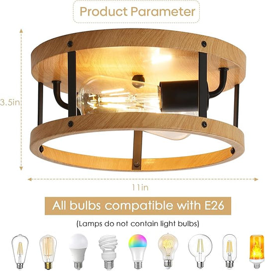2-Light Retro Close to Ceiling Light, Wood Finish Flush Mount Ceiling Light with Black Metal, Easy Assembled, Industrial Round Farmhouse Ceiling Lamp for Hallway Entryway Bedroom