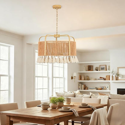 20” Rattan Chandelier, 4-Light Large Hand Woven Boho Chandelier with Fabric Shade, Farmhouse Light Fixtures for Dining Room & Kitchen Island (Brown, 20")