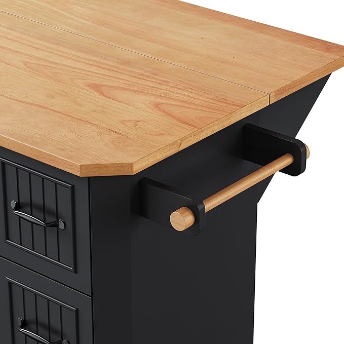 Ball & Cast 56" Large Kitchen Island with Drop Leaf and Power Outlet,Rolling Kitchen Cart on 4 Wheels W/ 6 Drawers,Folding Storage Dining Table W/Spice & Towel Rack,for Kitchen,Dining Room,Black