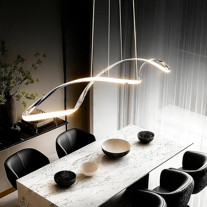 39 Inch Modern LED Pendant Light, Remote Control Dimmable Adjustable Height, DIY Kitchen Island Lighting & Dining Room Chandelier, Chrome Plated Energy Saving Linear Chandelier