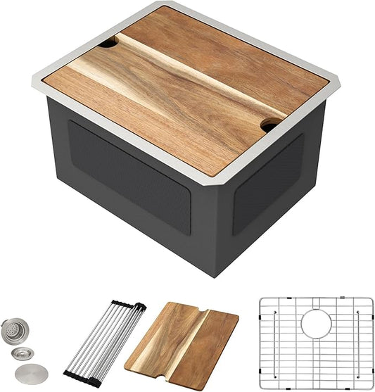 21"x18" Undermount Laundry Utility Sink Workstation – 16 Gauge T304 Stainless Steel, 12 Inch Deep Single Bowl Under Counter Basin for Laundry Room, RV or Utility Use