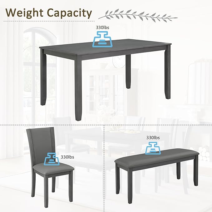 6-Piece Dining Table Set with Bench and Chairs, Wooden Dining Table Set for 6 People, Farmhouse Rustic Kitchen Table Set for Dining Room, Dark Walnut