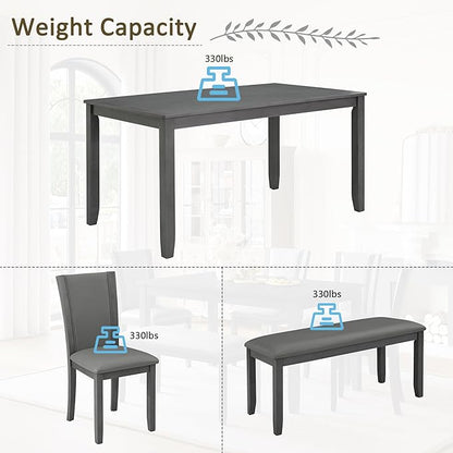 6-Piece Dining Table Set with Bench and Chairs, Wooden Dining Table Set for 6 People, Farmhouse Rustic Kitchen Table Set for Dining Room, Dark Walnut