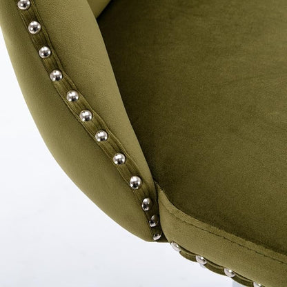 Rhomtree Velvet Swivel Bar Stools with Button Tufted Back and Pull Ring Height Adjustable Barstools 25-33 Inch for Home Pub and Kitchen Island (Olive-Green with Silver Base, Set of 8)