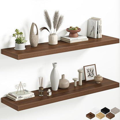 48 Inch Floating Shelves, 12 Inch Deep Wall Shelves, 48 x 12 Floating Shelf Set of 2, Walnut Rustic Wood Floating Shelf Wall Mounted for Large Kitchen Living Room Bedroom Bathroom Storage