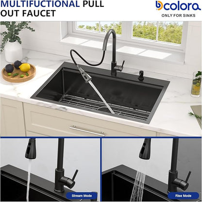 Dcolora 33 Inch Black Kitchen Sink -33×22 Drop In Kitchen Sink With Faucet Topmount Stainless Steel Sinks Overmount Single Bowl Workstation Nano Coating Surface,DC-SFDOE00005