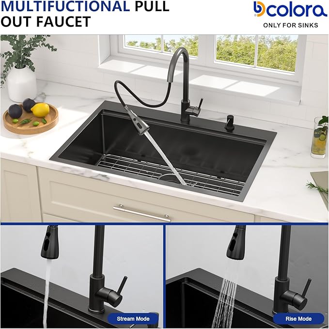 Dcolora 30 Inch Black Kitchen Sink Drop In Sink With Faucet Topmount Stainless Steel Workstation Single Bowl Nano Coating Surface 30"×22"×10", DC-SFDOE00004