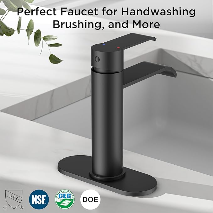 FORIOUS Black Bathroom Faucet 1 Hole, Single Handle Matte Black Waterfall Bathroom Faucet Single Hole for Rv, Lavatory, Restroom Tap with 3 Hole Adapter Deck Plate, Pop Up Drain and 24" Supply Hose
