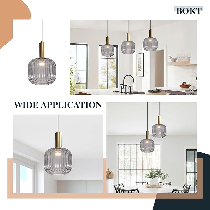 BOKT Modern 1-Light Gold Globe Pendant Light Mid Century Smoke Gray Ceiling Pendant Lighting Glass Ball Round Pendant Lamp Single Brushed Brass Pendant Light Fixture Kitchen Island (Smoke Gray)