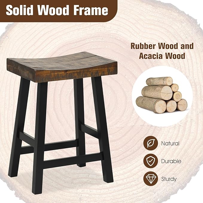 ERGOMASTER Wooden Backless Saddle Barstools Set of 4, 24-inch Counter Height Rustic Bar Stools with Rubber Wood Frame & Footrest for Kitchen Island, Dining Room, Pub