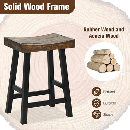 ERGOMASTER Wooden Backless Saddle Barstools Set of 4, 24-inch Counter Height Rustic Bar Stools with Rubber Wood Frame & Footrest for Kitchen Island, Dining Room, Pub