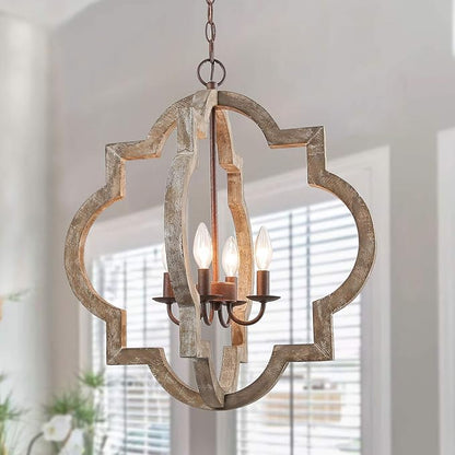 LOG BARN Large Farmhouse Chandelier Handmade Wood 4 Lights Fixtures Hanging for Dining, Bedrooms, Living Rooms and Hallway