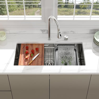 33 inch Undermount Kitchen Sink - Beslend 33x17x10 Waterfall Sink with Pull-Down Faucet 16 Gauge Stainless Steel, Double Track Workstation Kitchen Sinks with Faucet Combo, Handmade Dish Basin