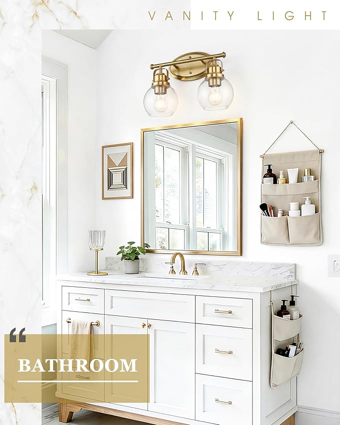 Gold Bathroom Light Fixtures, 2-Light 14" Vanity Lights with Clear Globe Glass Shades, Farmhouse Vintage Vanity Lighting Fixtures Over Mirror, E26 Base, AD-2147-2W-BG