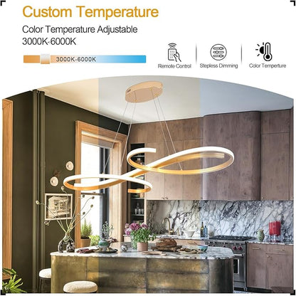 Gold LED Chandelier, Dimmable Modern Pendant Light with Remote - Contemporary Ceiling Light Fixture for Dining Room, Kitchen Island & Living Room