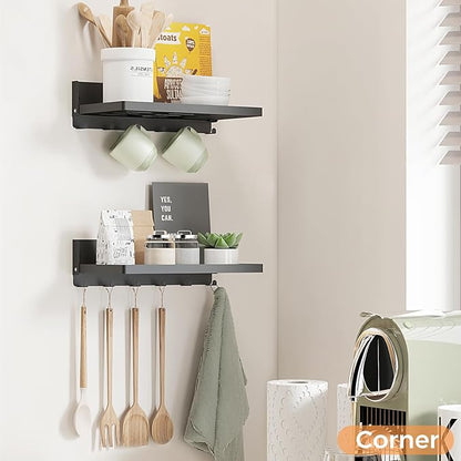 Small Folding Wall Shelf with Hooks, Wall Mounted 2 Folding Metal Shelves, Fold Up 90° and 6 Hooks, Practical Wall Shelf for Rv, Utility Room, Laundry Room, Garage, Black（11.8", 2 Pack）