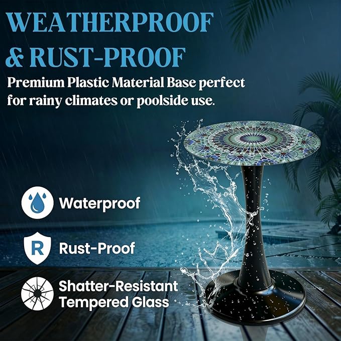 Simmer Stone 13.4" Outdoor Side Table, Round Patio Bistro Table Printed Tempered Glass Top, Waterproof Rust-Proof Base, Small Plant Stand for Balcony, Garden, Deck, 21.6" H (Blue Morocco)