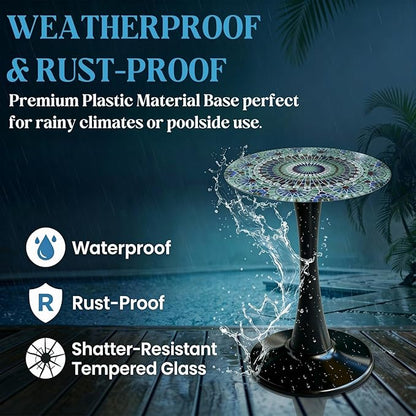 Simmer Stone 13.4" Outdoor Side Table, Round Patio Bistro Table Printed Tempered Glass Top, Waterproof Rust-Proof Base, Small Plant Stand for Balcony, Garden, Deck, 21.6" H (Blue Morocco)